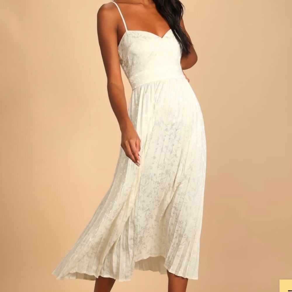 Lulus Regal Romance Ivory Floral Jacquard Pleated Satin Mini Dress